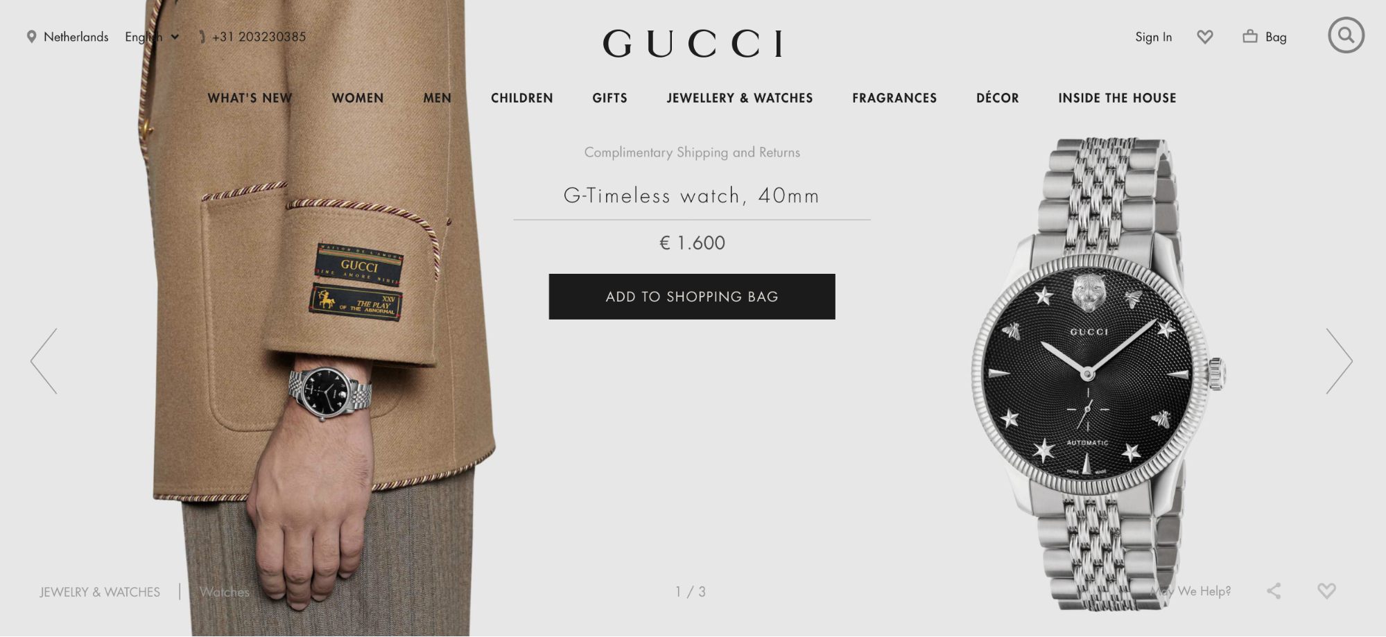 advertisement for a Gucci watch that costs 1,600 euros