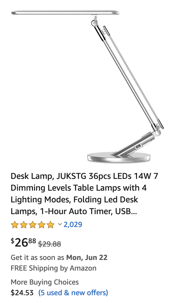 silver desk lamp being sold on Amazon for 26 dollars and 88 cents