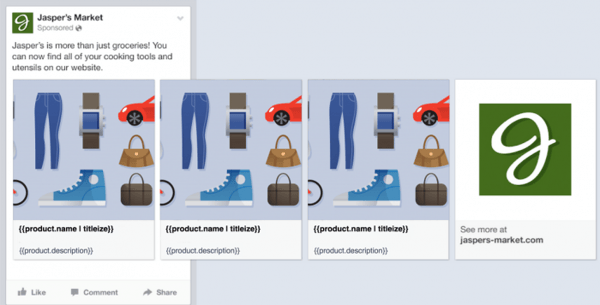 De advertentie wordt door Facebook dynamisch opgebouwd met de juiste product data.
