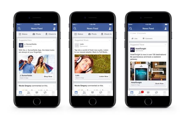 Facebook bied veel verschillende opties voor adverteren op mobiel. Dit zijn voorbeelden van 'nieuwsfeed' advertenties.