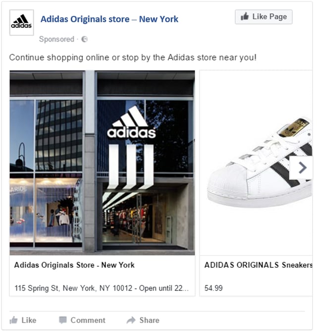 An example of an 'Omnichannel' Facebook ad, motivating online and offline engagement -the image is purely made for illustration purposes, it is not an actual ad of Adidas-.