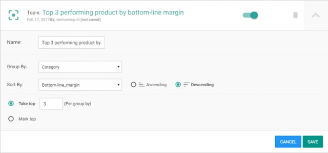 Example of a Top-X based on bottom line margin: Take top 3 Bottom line margin in descending order, per Category.