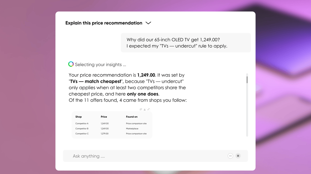 Omnia Agent Explanation why a price was set