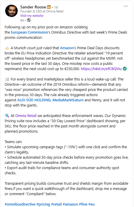Amazon Violating EU Regulations and Omnibus Directive