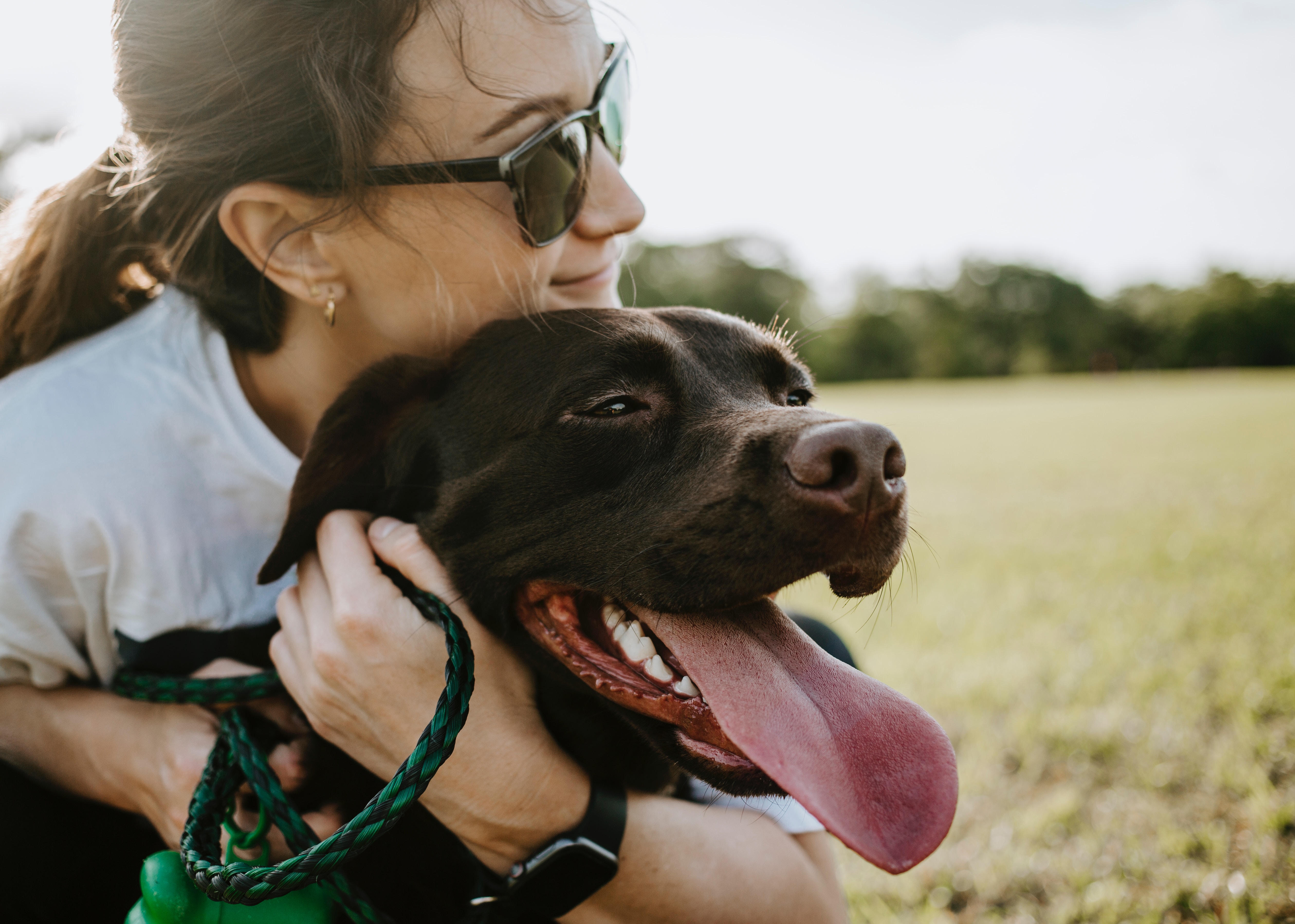 Woman with sunglasses hugs brown dog