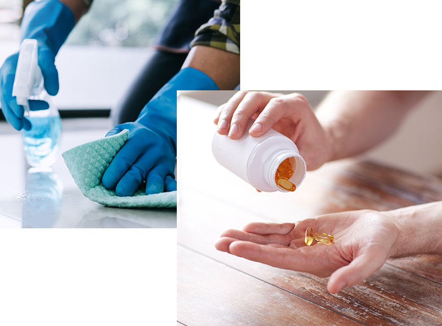 Person cleaning, person taking supplements